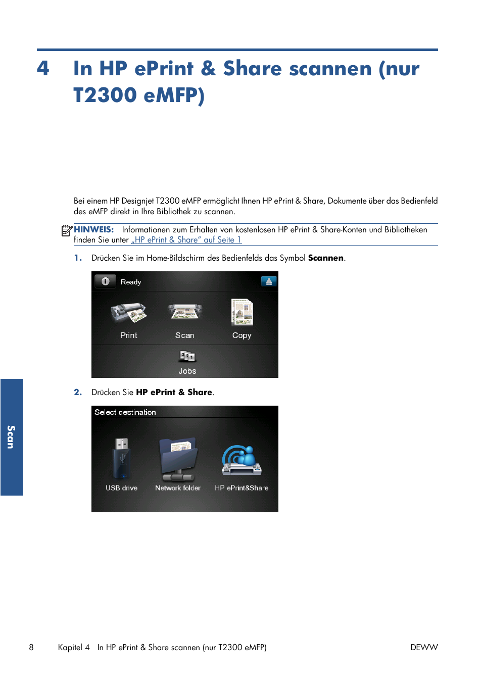 In hp eprint & share scannen (nur t2300 emfp), 4 in hp eprint & share scannen (nur t2300 emfp), In hp eprint & share scannen (nur t2300 | Emfp)“ auf seite 8 | HP Серия принтеров HP Designjet T1300 ePrinter User Manual | Page 76 / 412