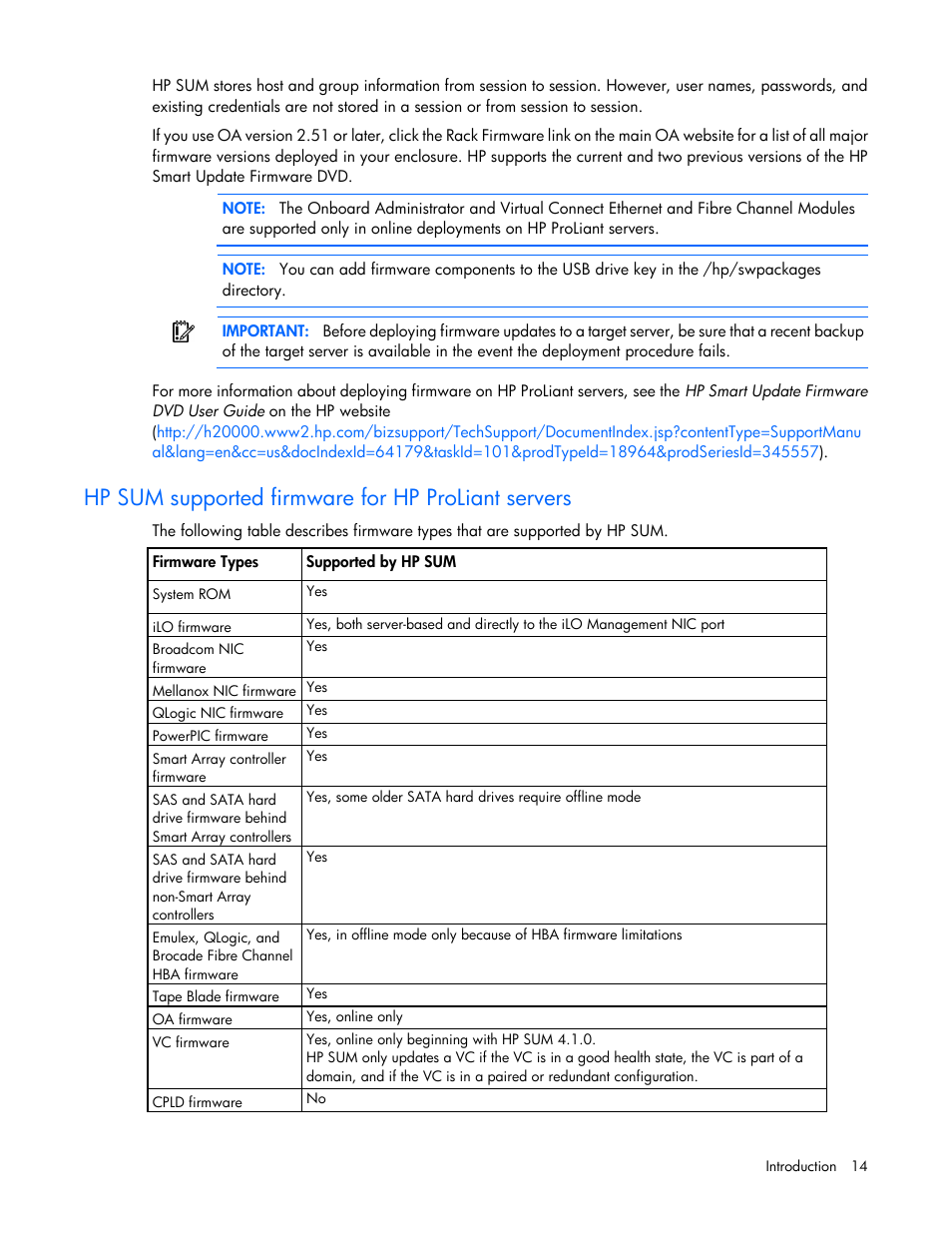 Hp sum supported firmware for hp proliant servers | HP Smart Update Manager (User Guide) User Manual | Page 14 / 82