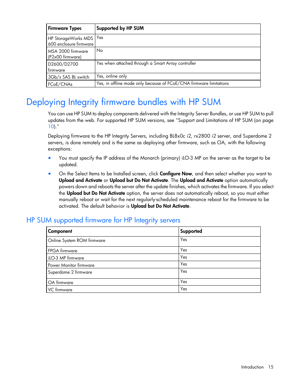 Deploying integrity firmware bundles with hp sum, Hp sum supported firmware for hp integrity servers | HP Smart Update Manager (User Guide) User Manual | Page 15 / 82