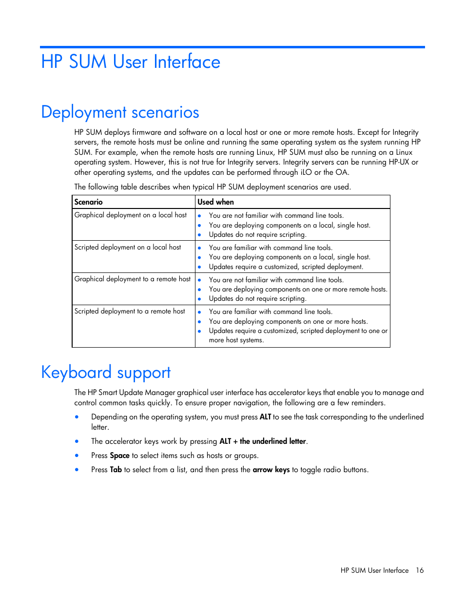 Hp sum user interface, Deployment scenarios, Keyboard support | HP Smart Update Manager (User Guide) User Manual | Page 16 / 82