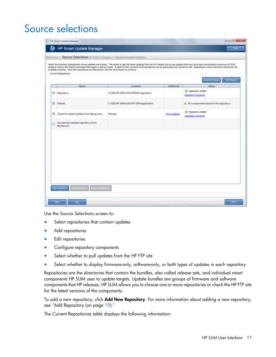 Source selections | HP Smart Update Manager (User Guide) User Manual | Page 17 / 82