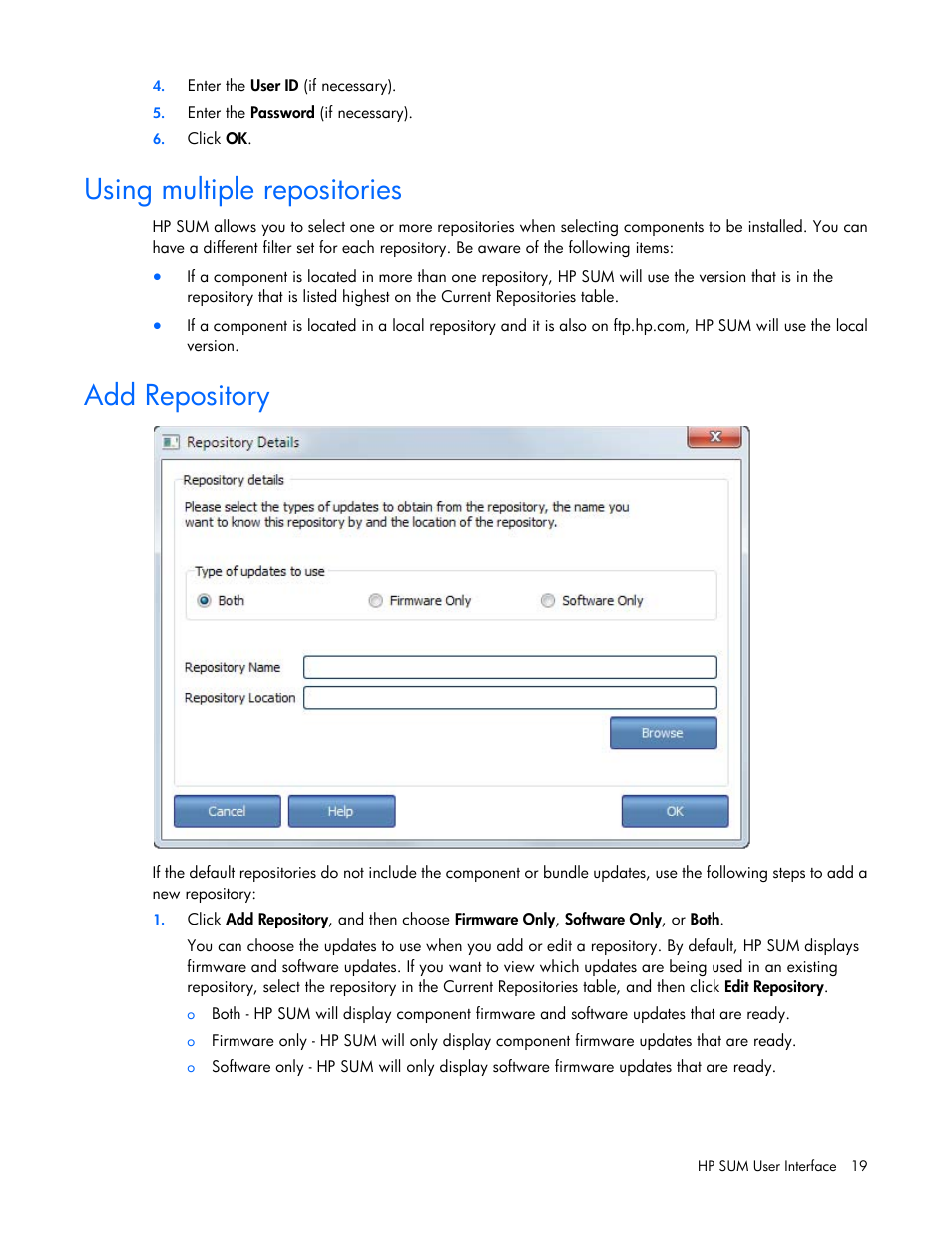 Using multiple repositories, Add repository | HP Smart Update Manager (User Guide) User Manual | Page 19 / 82