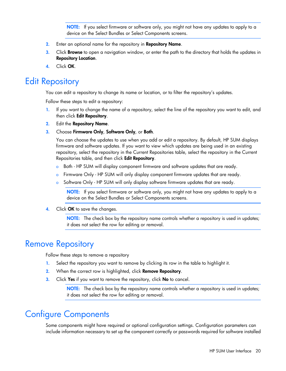 Edit repository, Remove repository, Configure components | HP Smart Update Manager (User Guide) User Manual | Page 20 / 82