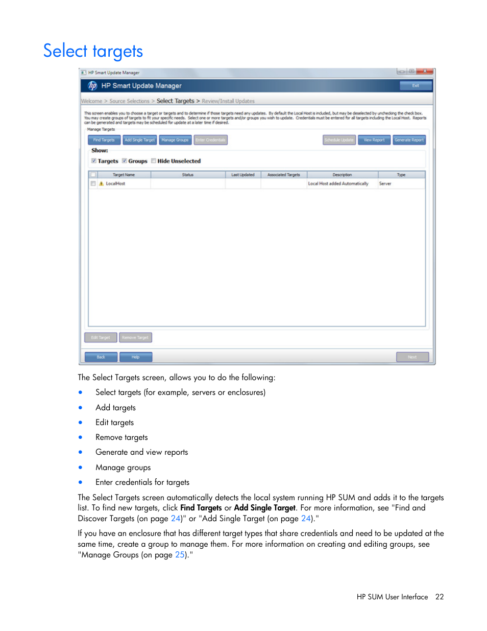 Select targets | HP Smart Update Manager (User Guide) User Manual | Page 22 / 82