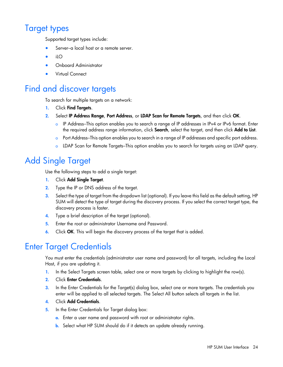 Target types, Find and discover targets, Add single target | Enter target credentials | HP Smart Update Manager (User Guide) User Manual | Page 24 / 82