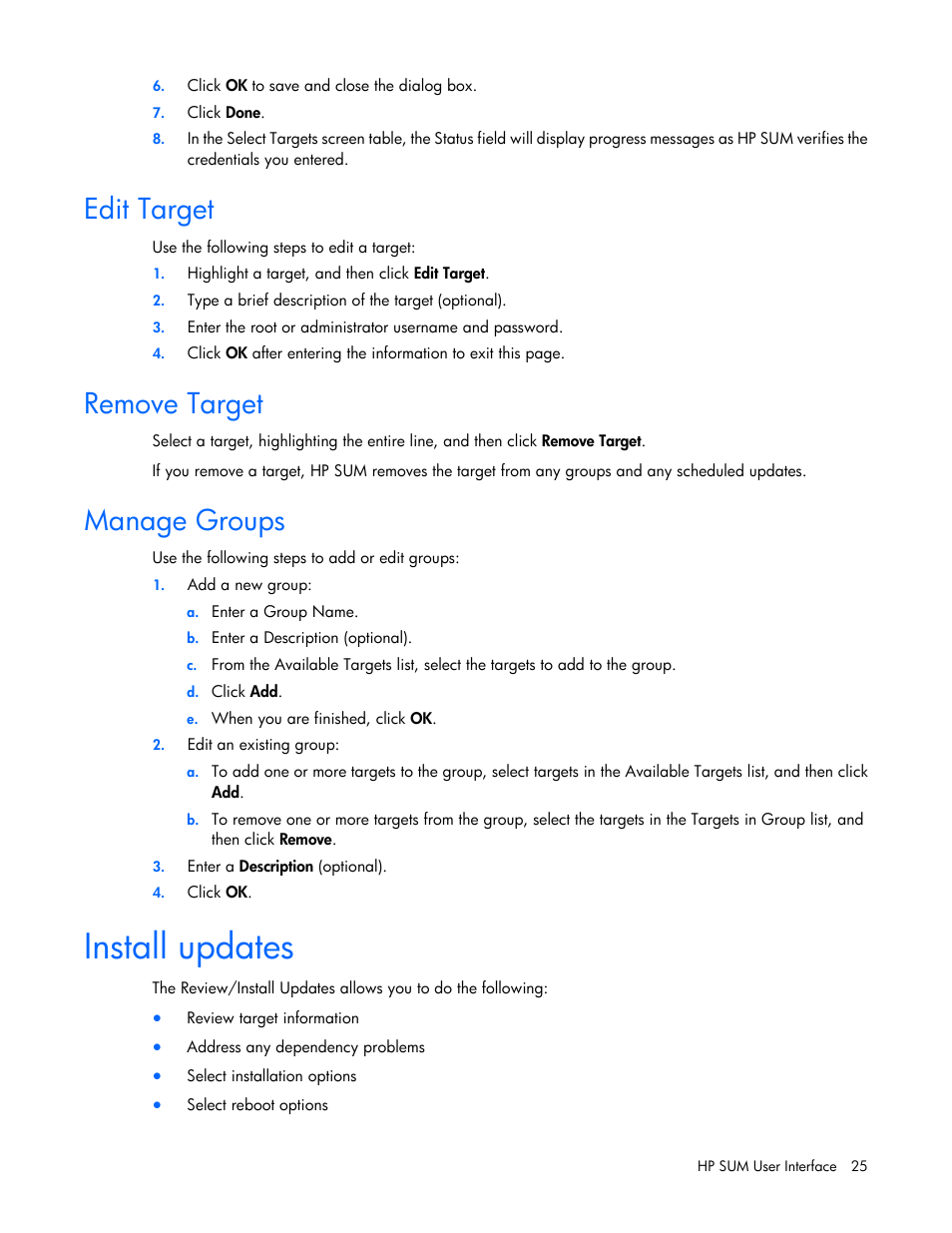 Edit target, Remove target, Manage groups | Install updates | HP Smart Update Manager (User Guide) User Manual | Page 25 / 82