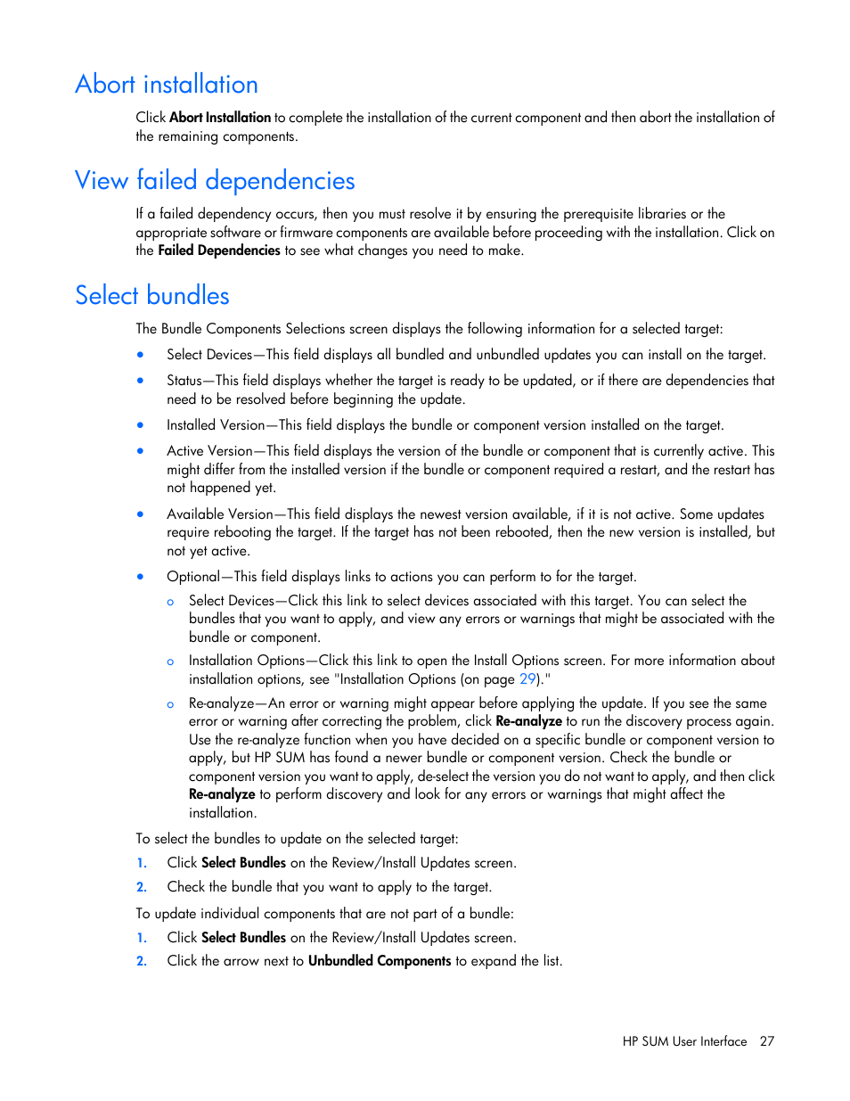 Abort installation, View failed dependencies, Select bundles | HP Smart Update Manager (User Guide) User Manual | Page 27 / 82