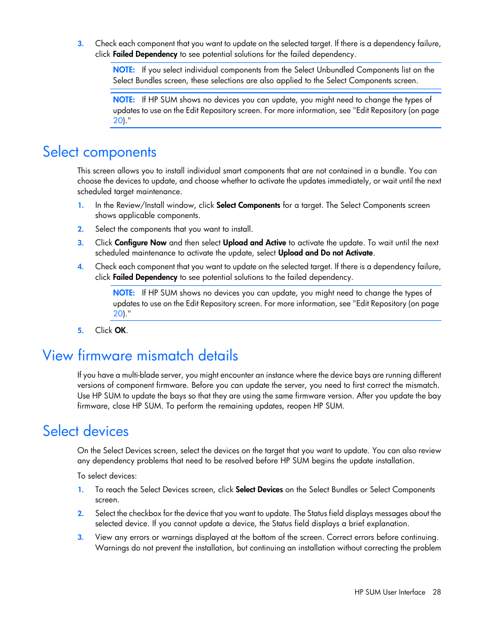 Select components, View firmware mismatch details, Select devices | HP Smart Update Manager (User Guide) User Manual | Page 28 / 82