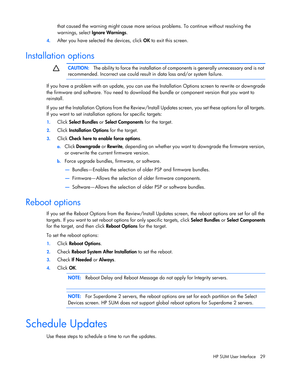 Installation options, Reboot options, Schedule updates | HP Smart Update Manager (User Guide) User Manual | Page 29 / 82