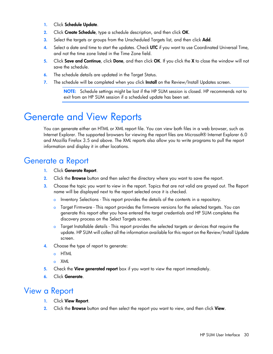 Generate and view reports, Generate a report, View a report | HP Smart Update Manager (User Guide) User Manual | Page 30 / 82