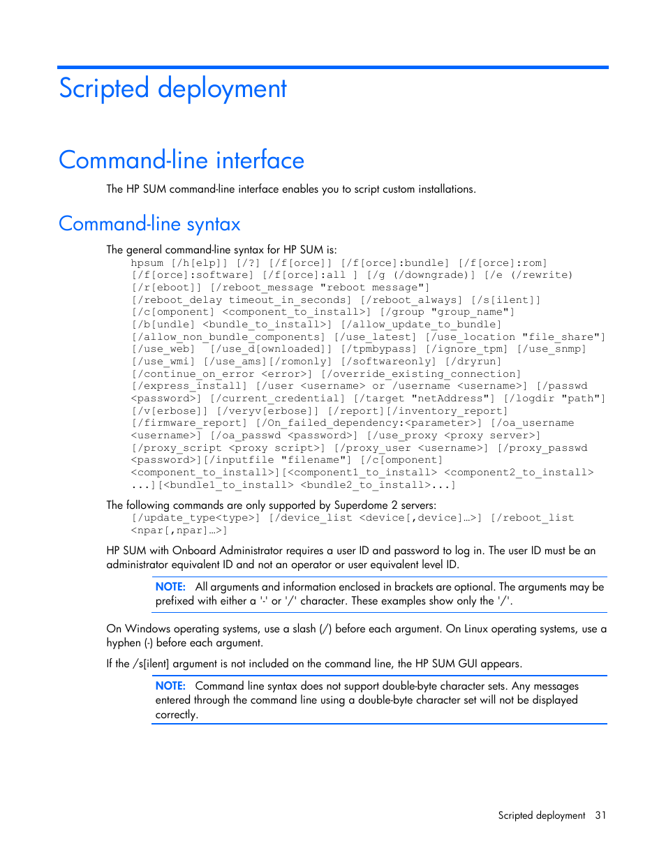 Scripted deployment, Command-line interface, Command-line syntax | HP Smart Update Manager (User Guide) User Manual | Page 31 / 82