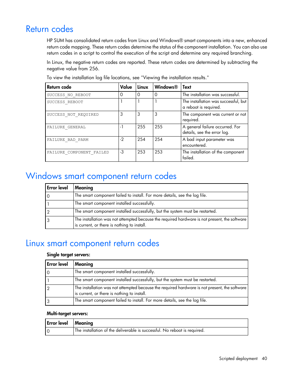 Return codes, Windows smart component return codes, Linux smart component return codes | HP Smart Update Manager (User Guide) User Manual | Page 40 / 82