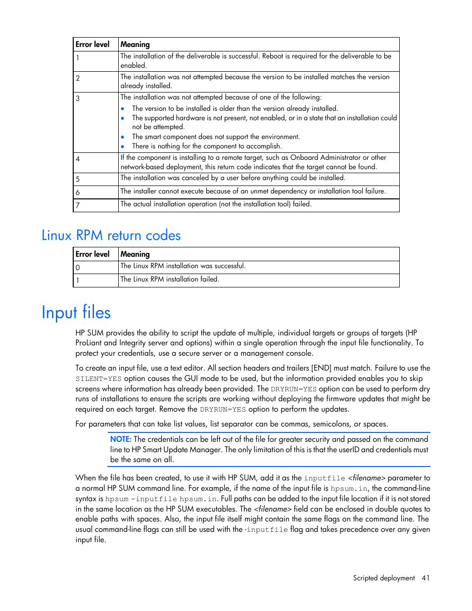 Linux rpm return codes, Input files | HP Smart Update Manager (User Guide) User Manual | Page 41 / 82