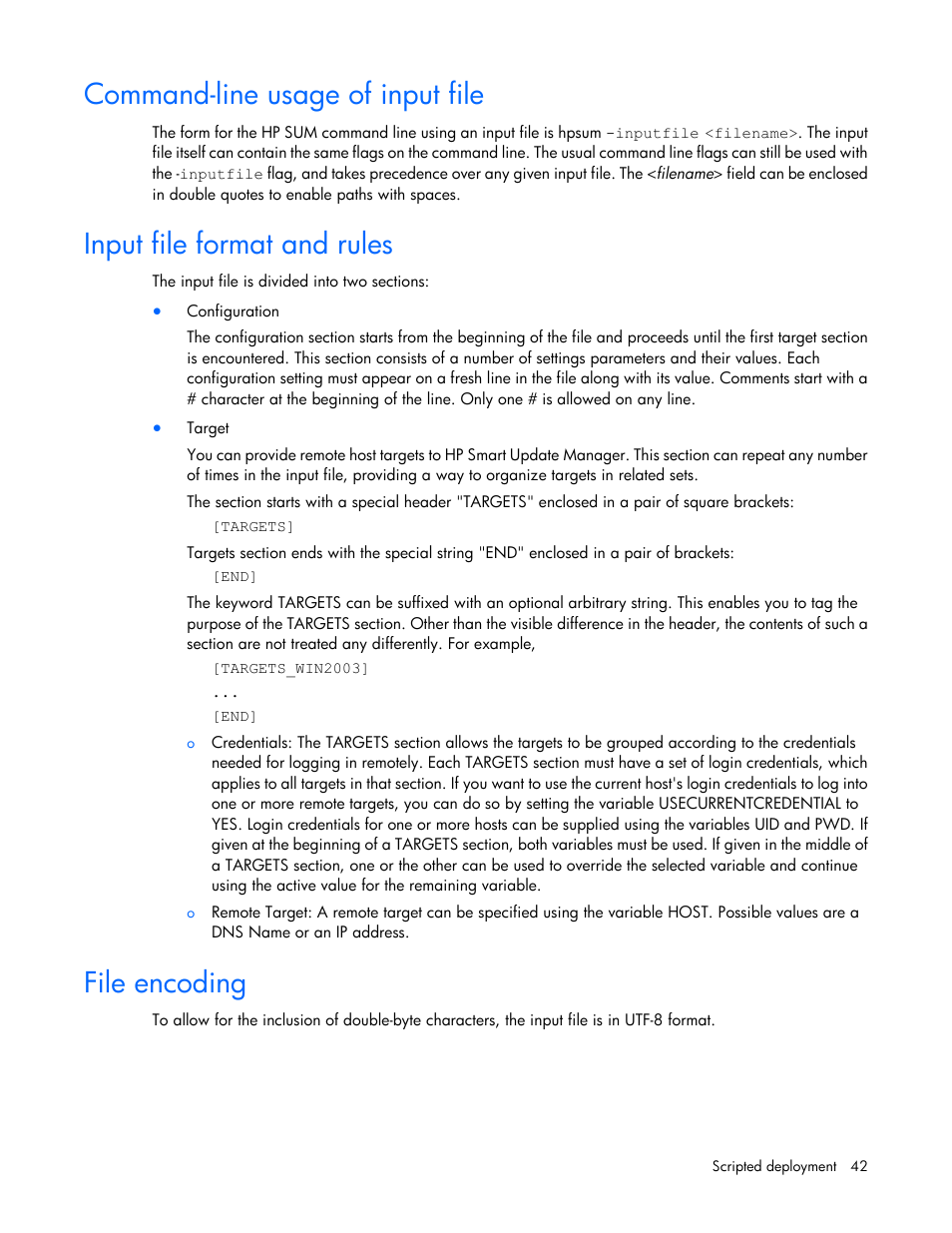 Command-line usage of input file, Input file format and rules, File encoding | HP Smart Update Manager (User Guide) User Manual | Page 42 / 82