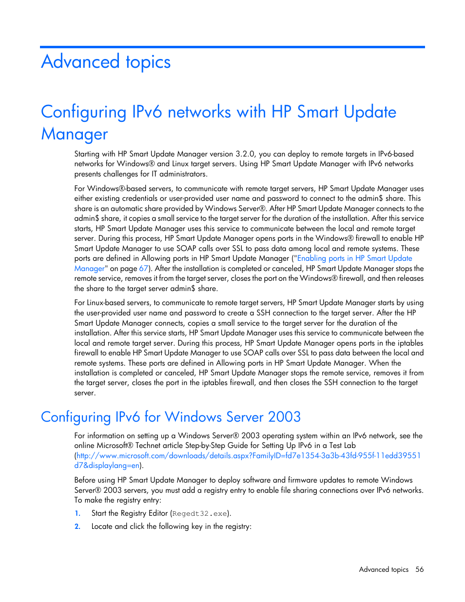 Advanced topics, Configuring ipv6 for windows server 2003 | HP Smart Update Manager (User Guide) User Manual | Page 56 / 82