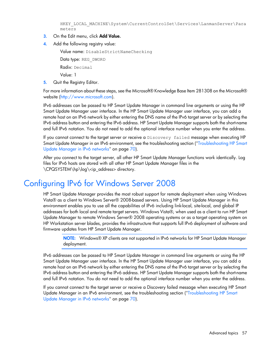 Configuring ipv6 for windows server 2008 | HP Smart Update Manager (User Guide) User Manual | Page 57 / 82