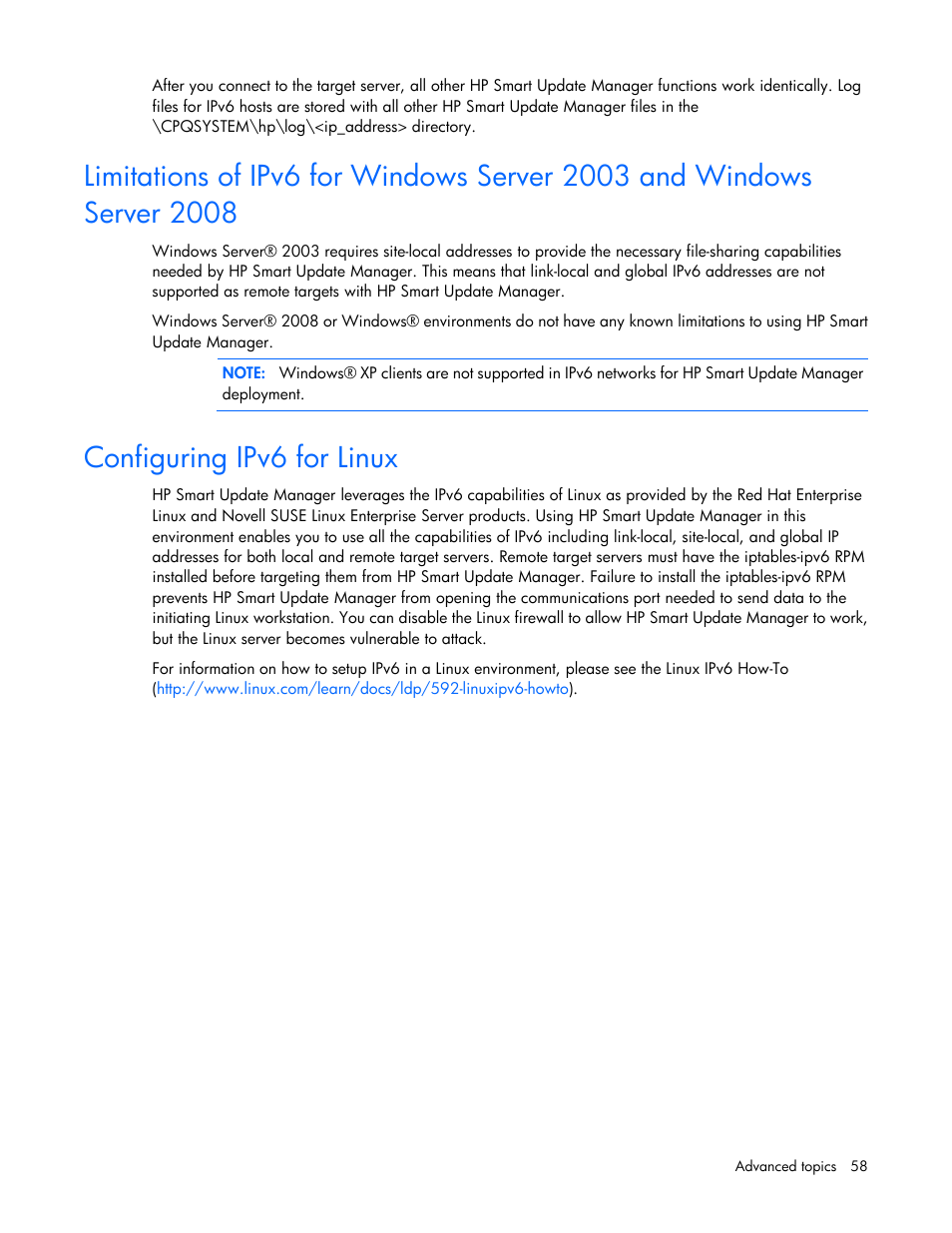 Configuring ipv6 for linux | HP Smart Update Manager (User Guide) User Manual | Page 58 / 82