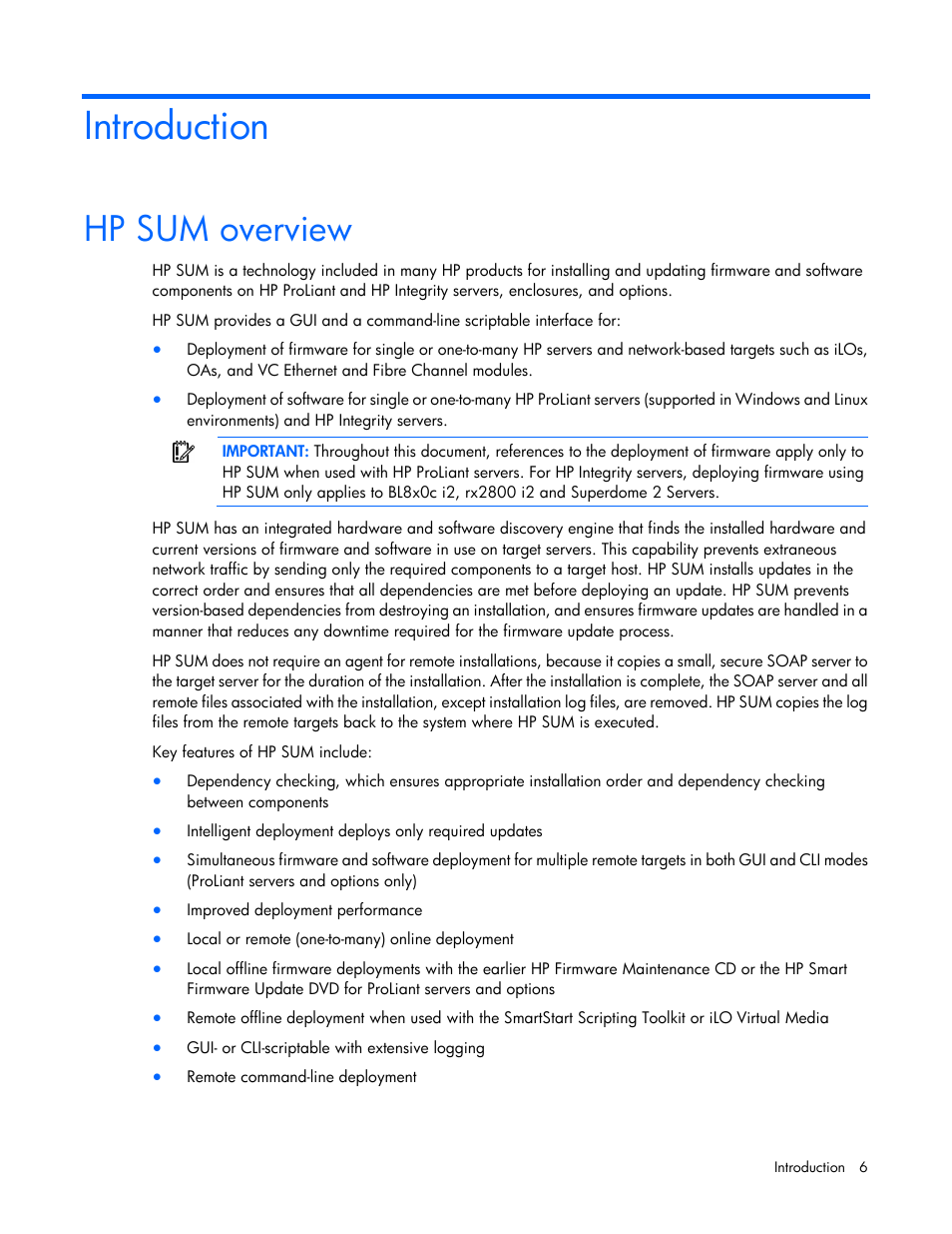 Introduction, Hp sum overview | HP Smart Update Manager (User Guide) User Manual | Page 6 / 82