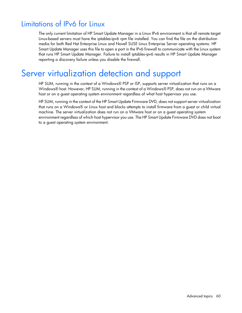 Limitations of ipv6 for linux, Server virtualization detection and support | HP Smart Update Manager (User Guide) User Manual | Page 60 / 82