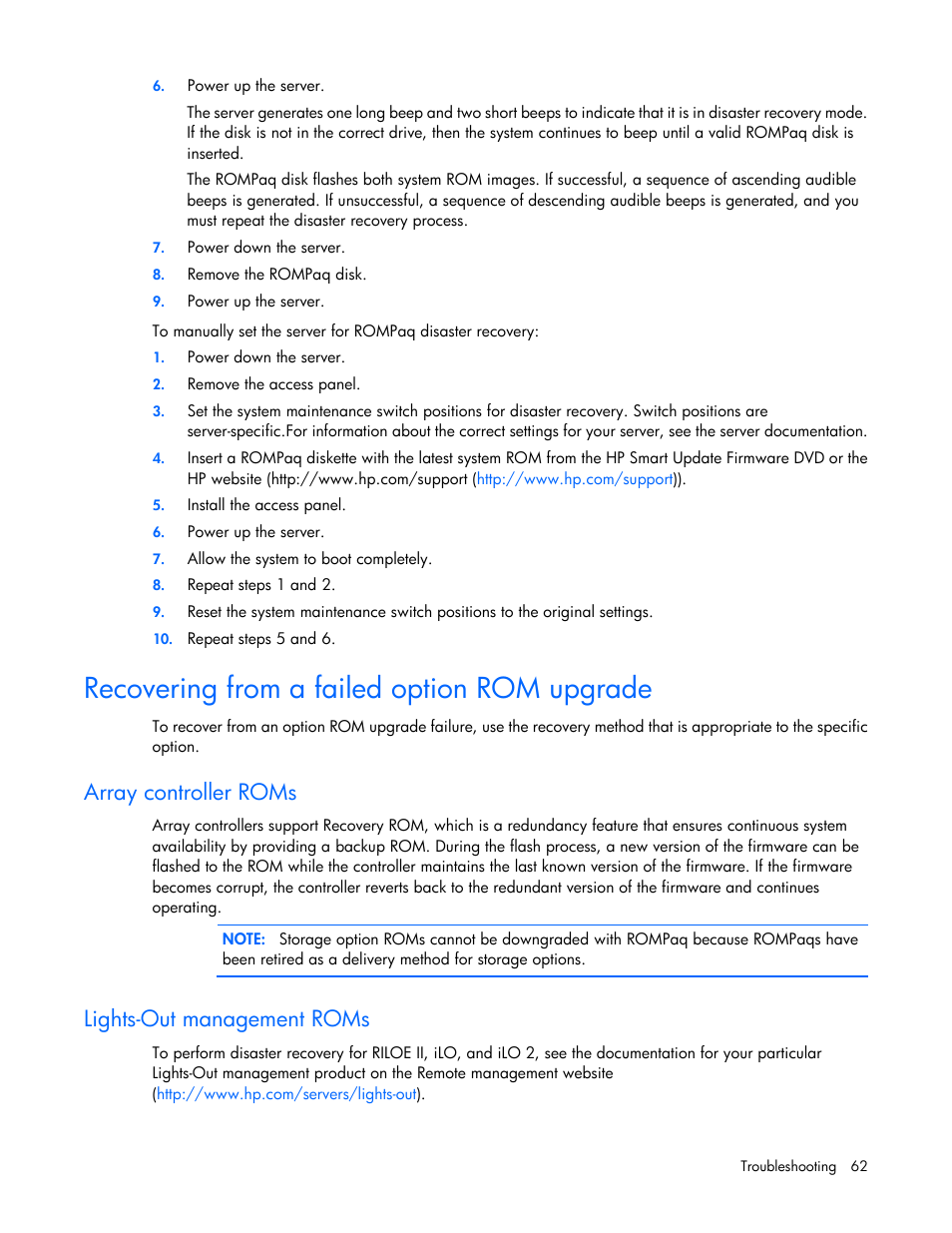 Recovering from a failed option rom upgrade, Array controller roms, Lights-out management roms | HP Smart Update Manager (User Guide) User Manual | Page 62 / 82