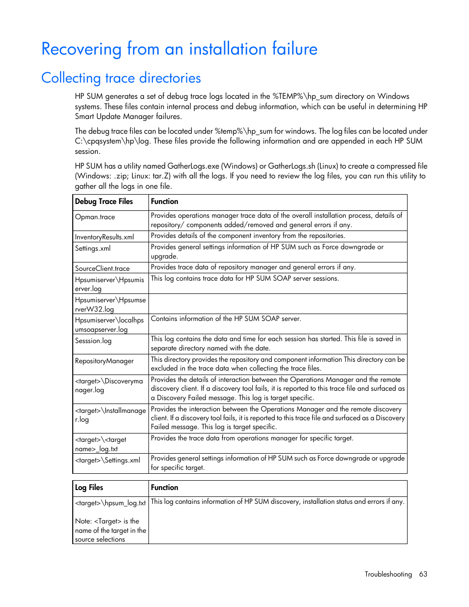 Recovering from an installation failure, Collecting trace directories | HP Smart Update Manager (User Guide) User Manual | Page 63 / 82