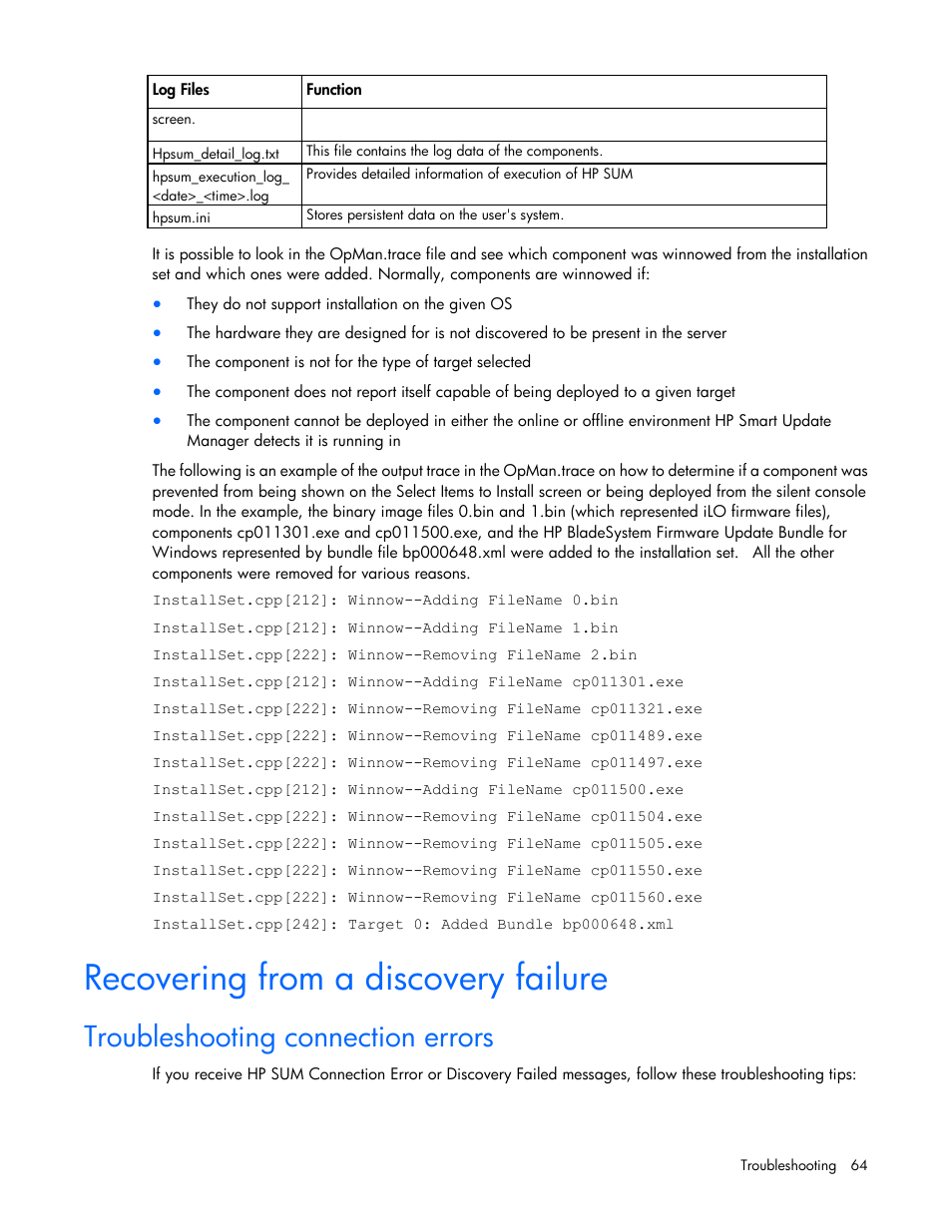 Recovering from a discovery failure, Troubleshooting connection errors | HP Smart Update Manager (User Guide) User Manual | Page 64 / 82