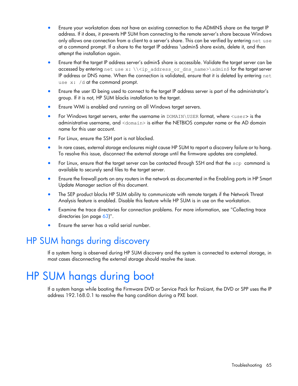 Hp sum hangs during discovery, Hp sum hangs during boot | HP Smart Update Manager (User Guide) User Manual | Page 65 / 82