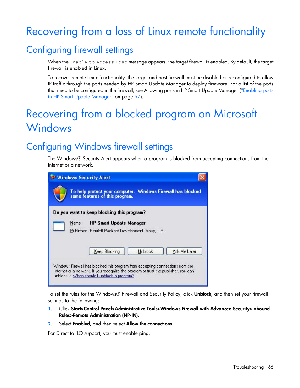 Configuring firewall settings, Configuring windows firewall settings | HP Smart Update Manager (User Guide) User Manual | Page 66 / 82