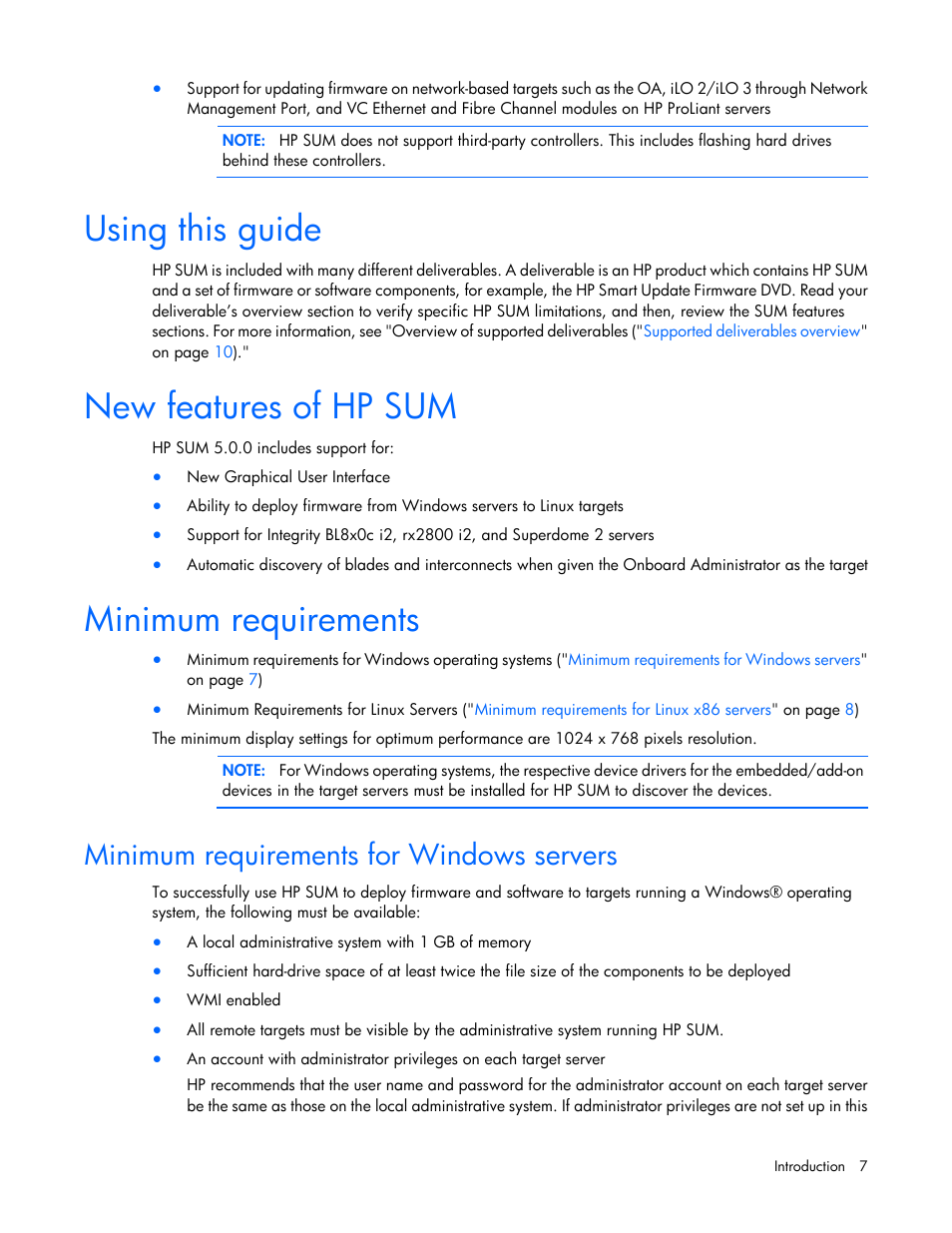 Using this guide, New features of hp sum, Minimum requirements | Minimum requirements for windows servers | HP Smart Update Manager (User Guide) User Manual | Page 7 / 82