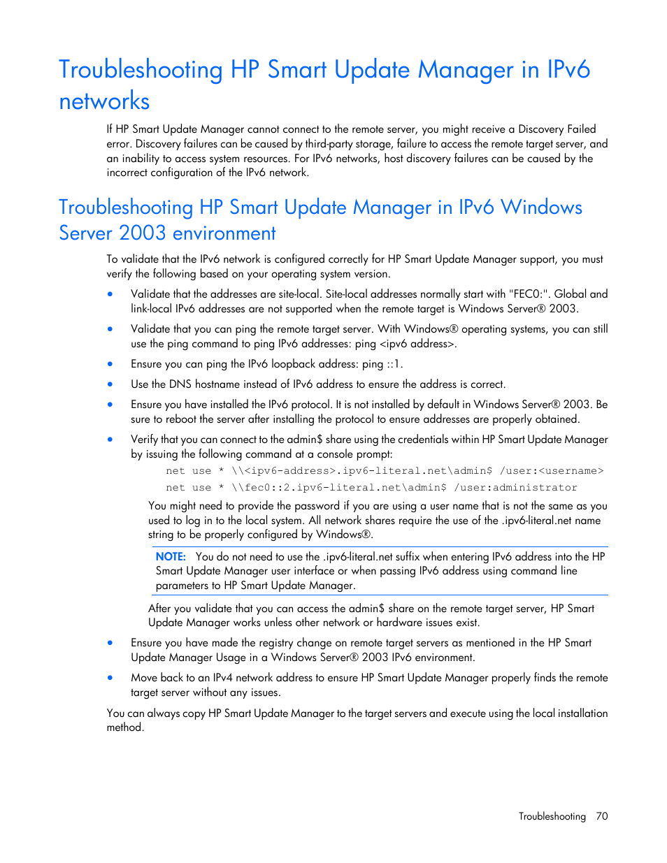 Troubleshooting hp smart, Update manager in ipv6 networks | HP Smart Update Manager (User Guide) User Manual | Page 70 / 82