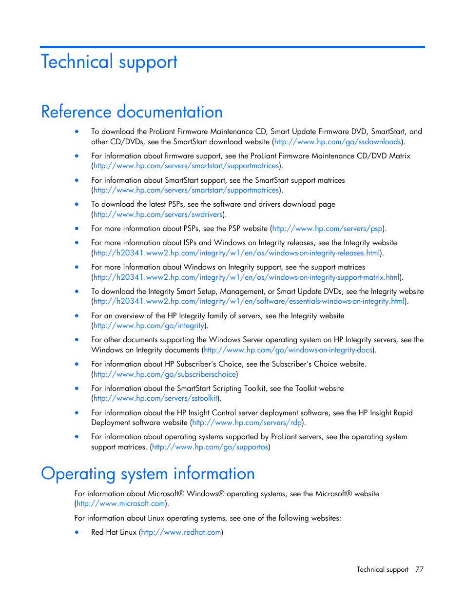 Technical support, Reference documentation, Operating system information | HP Smart Update Manager (User Guide) User Manual | Page 77 / 82