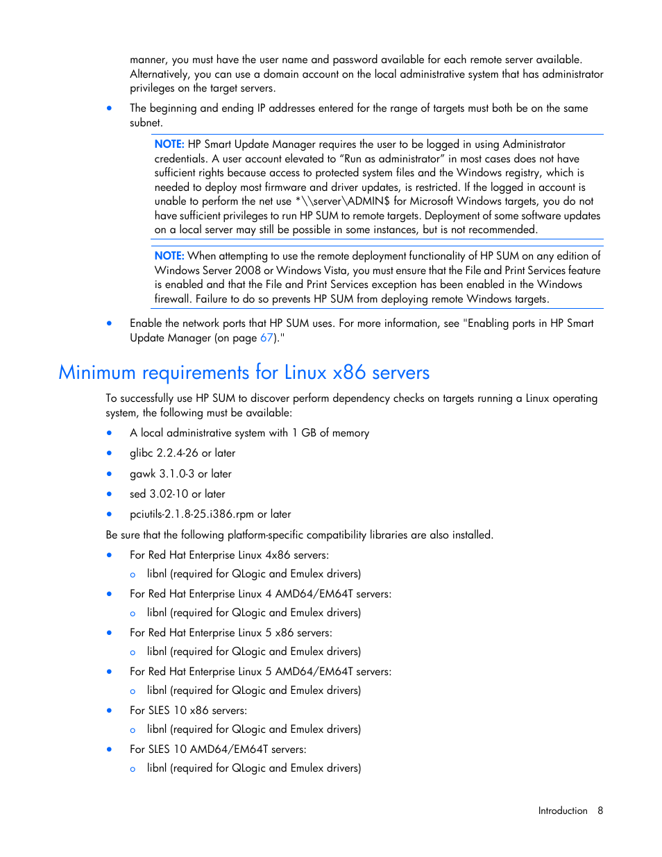 Minimum requirements for linux x86 servers | HP Smart Update Manager (User Guide) User Manual | Page 8 / 82