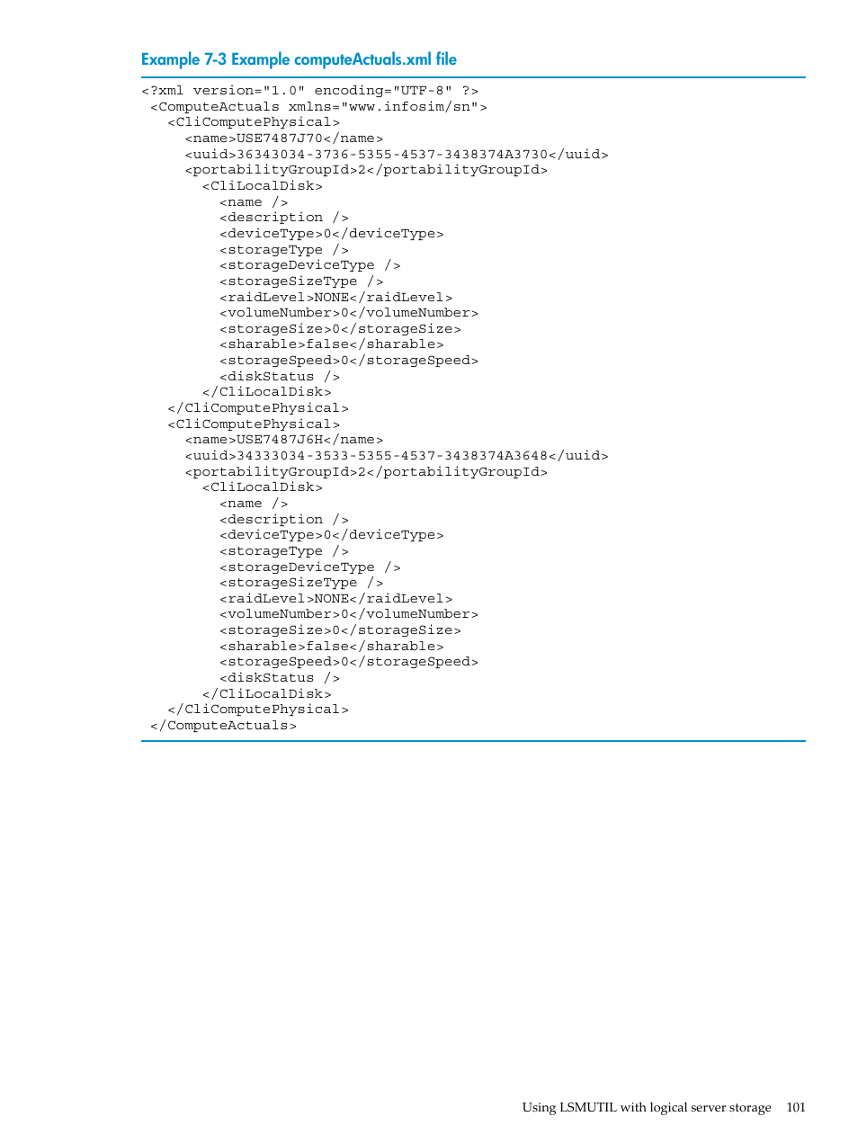 Example computeactuals.xml file | HP Matrix Operating Environment Software User Manual | Page 101 / 132