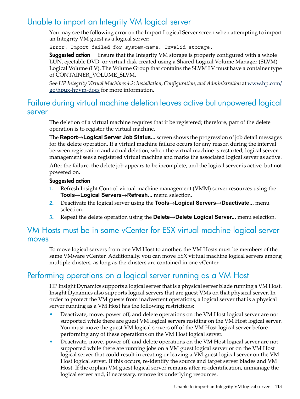 Unable to import an integrity vm logical server | HP Matrix Operating Environment Software User Manual | Page 113 / 132