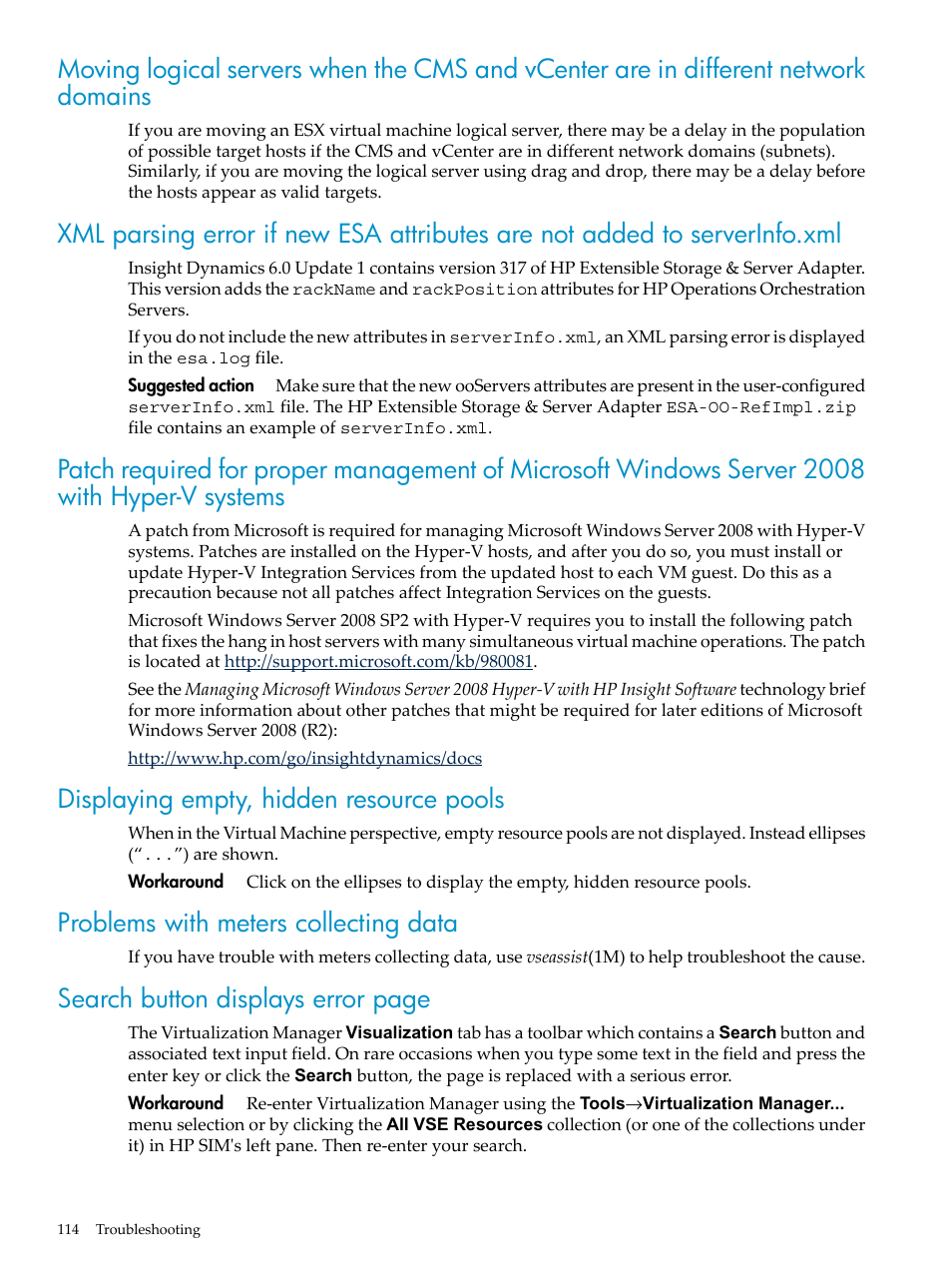 Displaying empty, hidden resource pools, Problems with meters collecting data, Search button displays error page | HP Matrix Operating Environment Software User Manual | Page 114 / 132