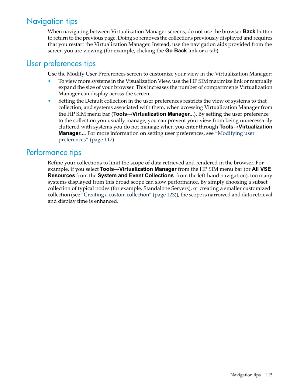 Navigation tips, User preferences tips, Performance tips | HP Matrix Operating Environment Software User Manual | Page 115 / 132