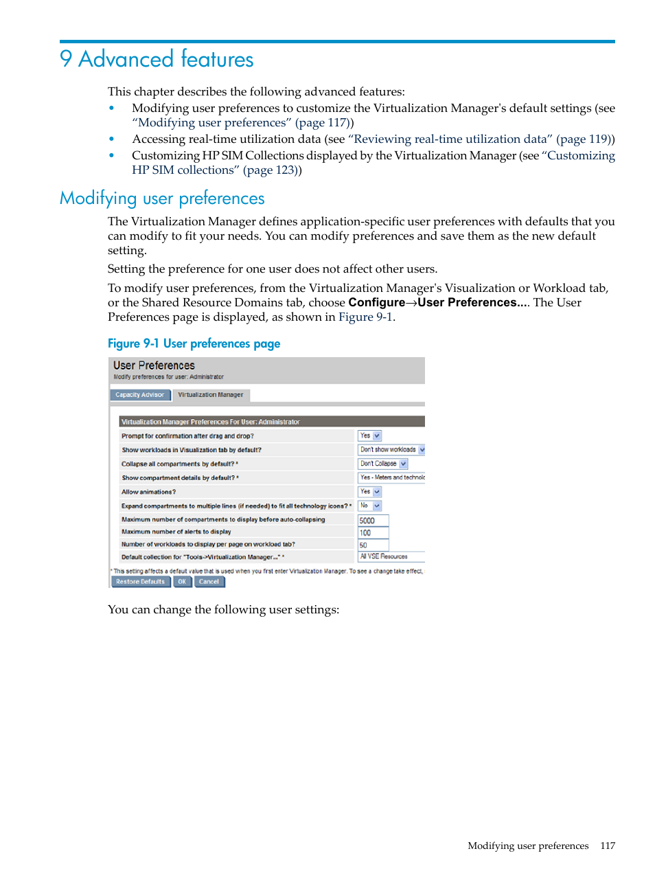 9 advanced features, Modifying user preferences, Modifying user | HP Matrix Operating Environment Software User Manual | Page 117 / 132
