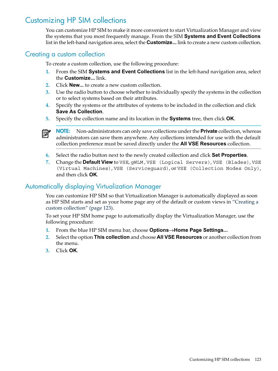 Customizing hp sim collections, Creating a custom collection, Automatically displaying virtualization manager | Customizing | HP Matrix Operating Environment Software User Manual | Page 123 / 132