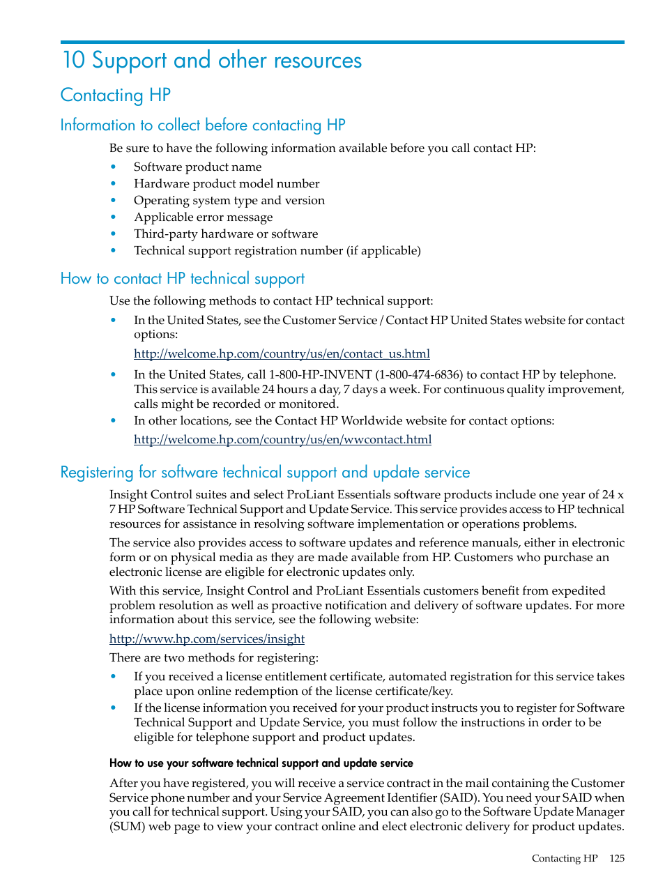 10 support and other resources, Contacting hp, Information to collect before contacting hp | How to contact hp technical support | HP Matrix Operating Environment Software User Manual | Page 125 / 132
