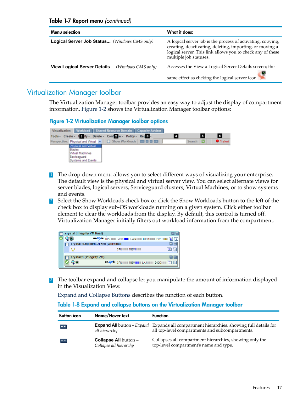 Virtualization manager toolbar, Virtualization manager toolbar options | HP Matrix Operating Environment Software User Manual | Page 17 / 132