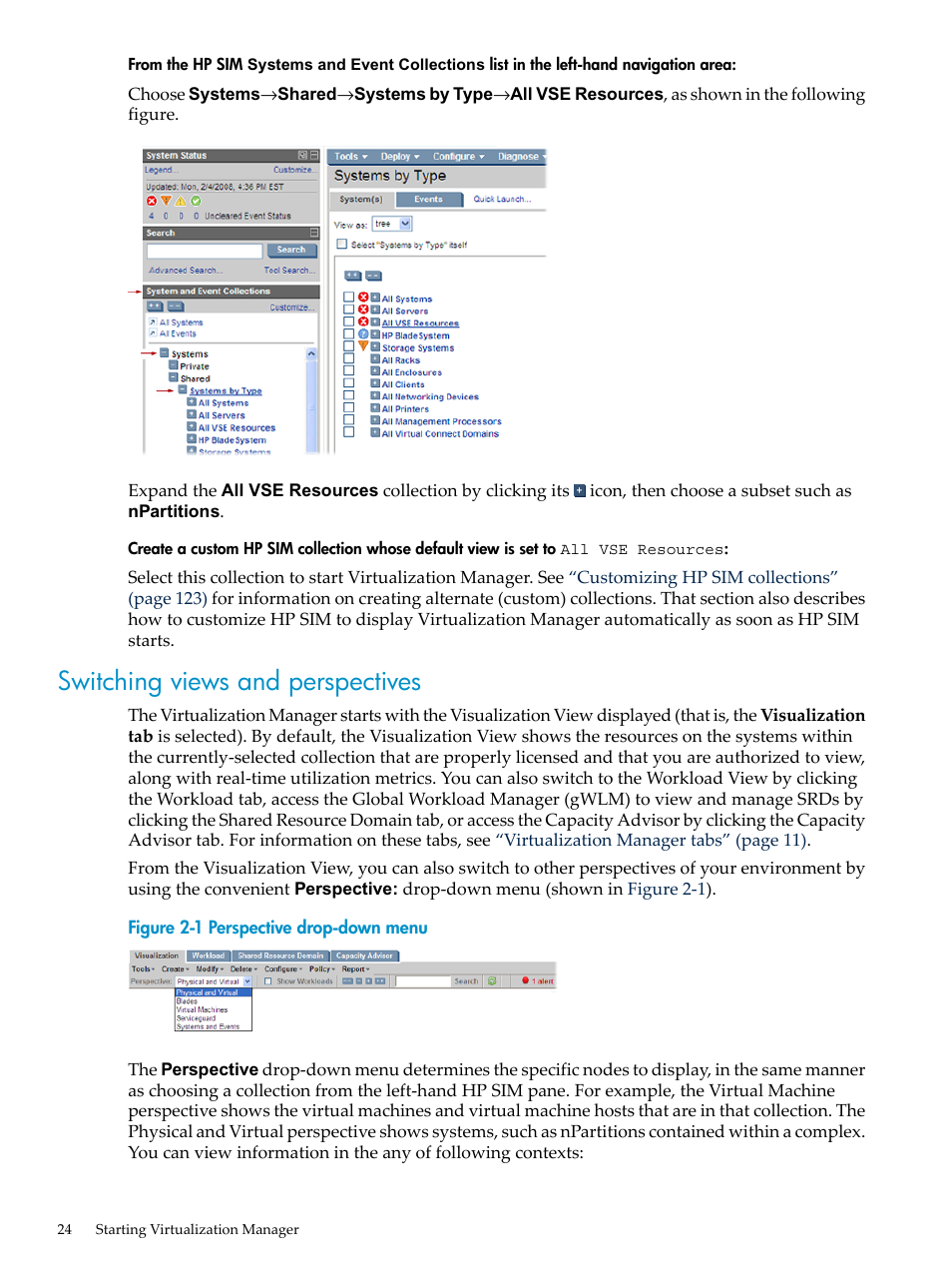 Switching views and perspectives, Perspective drop-down menu | HP Matrix Operating Environment Software User Manual | Page 24 / 132