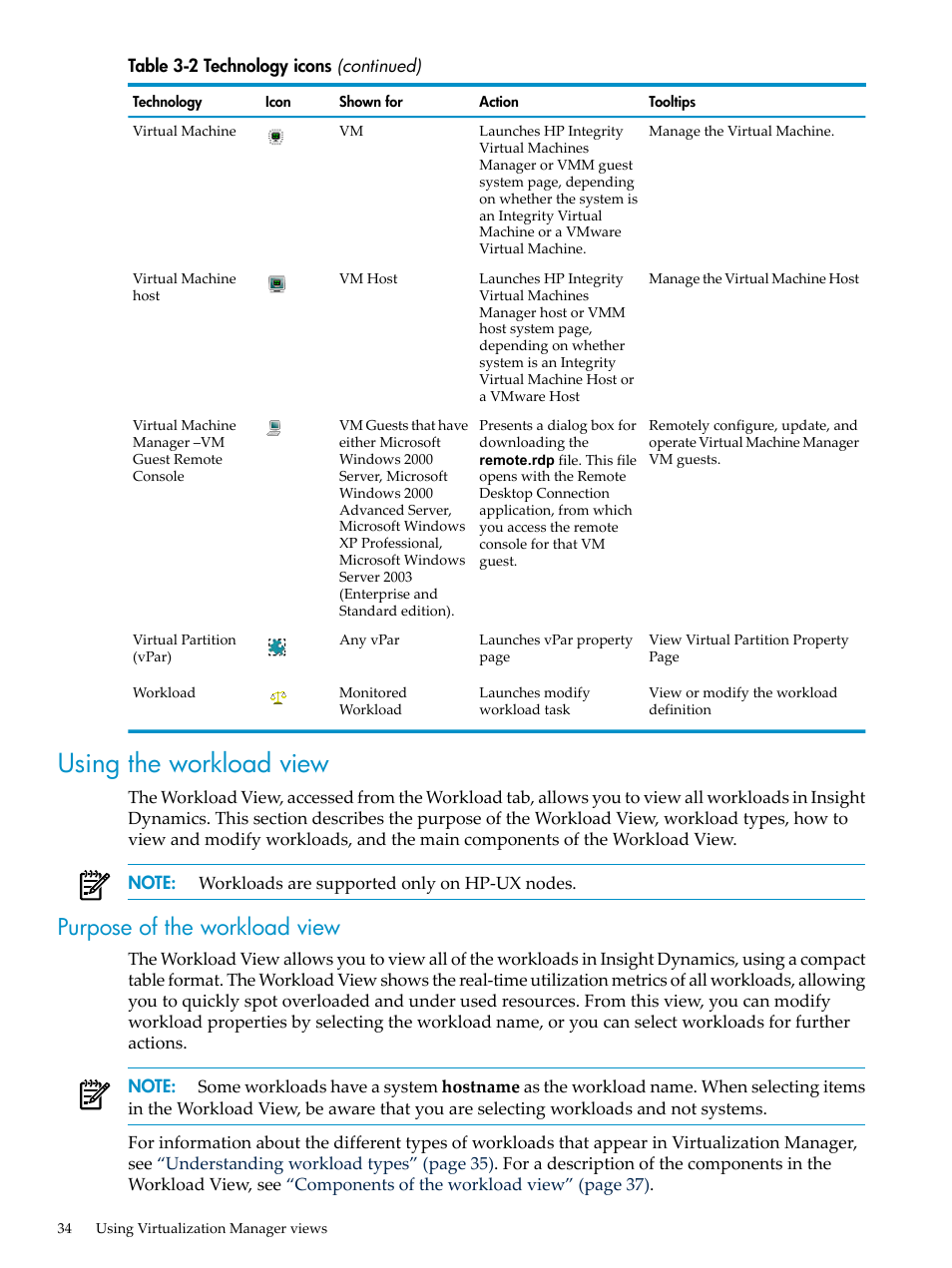 Using the workload view, Purpose of the workload view, Using | HP Matrix Operating Environment Software User Manual | Page 34 / 132