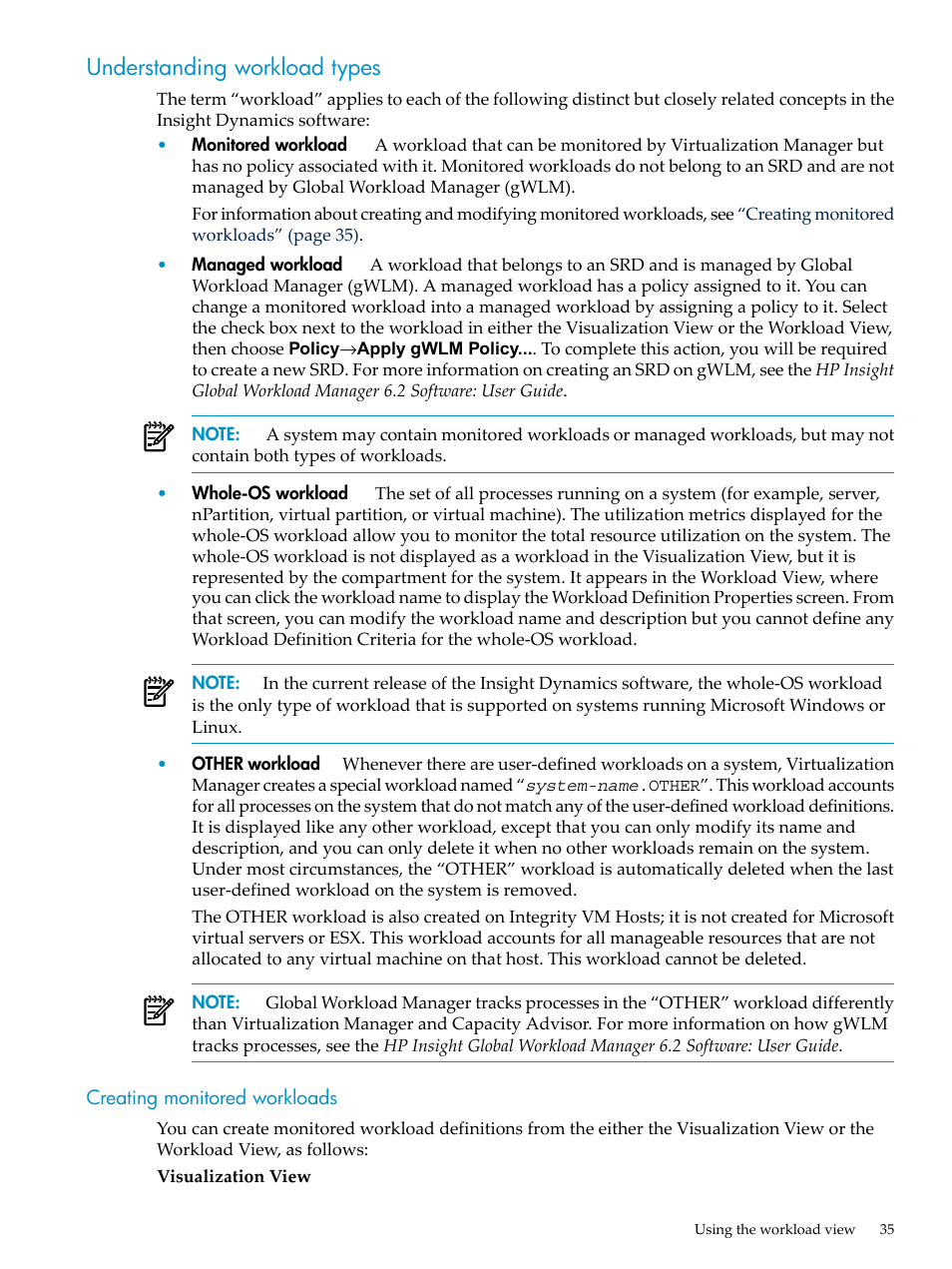 Understanding workload types, Creating monitored workloads | HP Matrix Operating Environment Software User Manual | Page 35 / 132