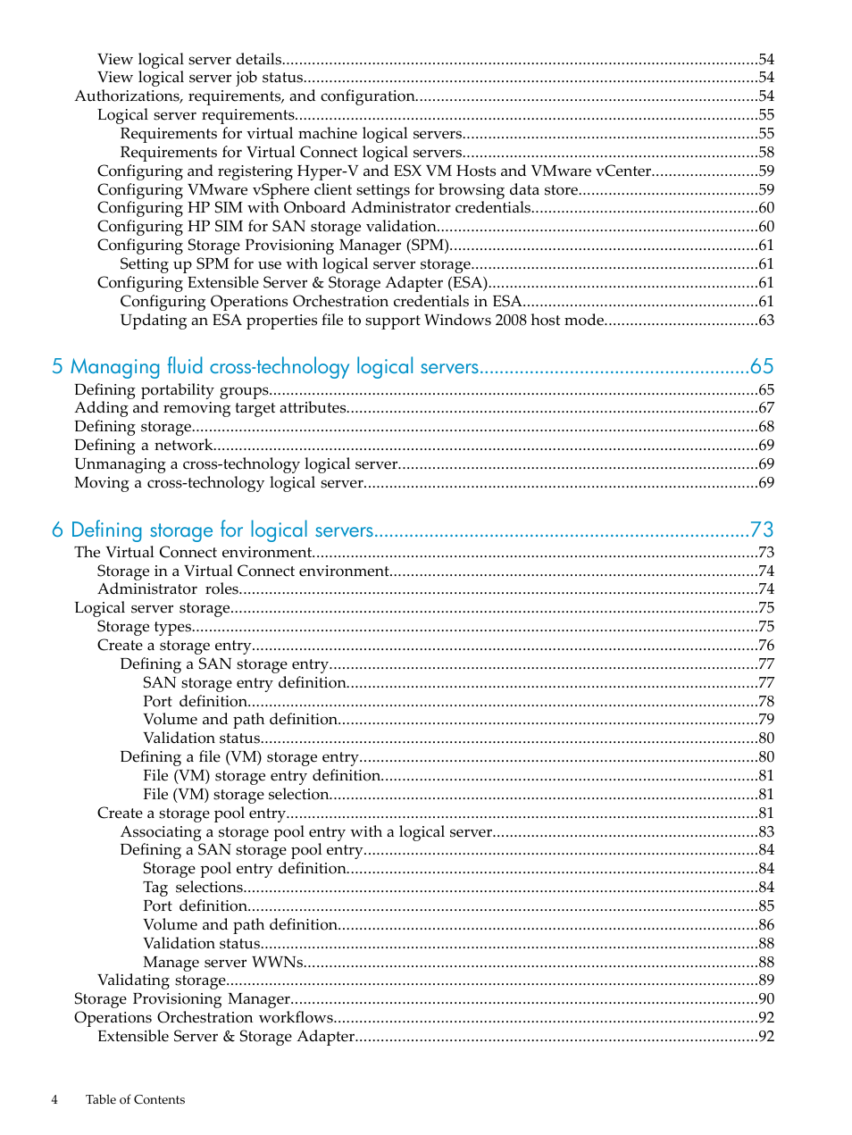 5 managing fluid cross-technology logical servers, 6 defining storage for logical servers | HP Matrix Operating Environment Software User Manual | Page 4 / 132