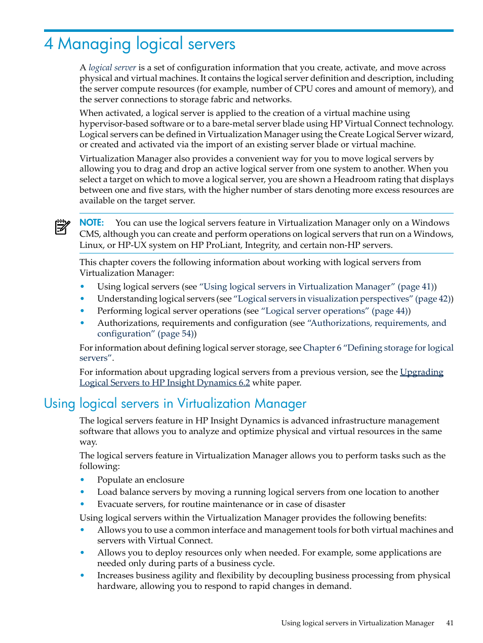 4 managing logical servers, Using logical servers in virtualization manager, Chapter 4 | HP Matrix Operating Environment Software User Manual | Page 41 / 132