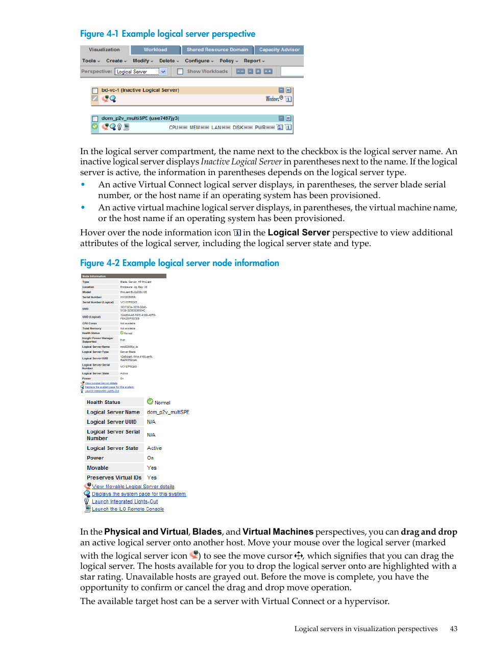 Example logical server perspective, Example logical server node information | HP Matrix Operating Environment Software User Manual | Page 43 / 132