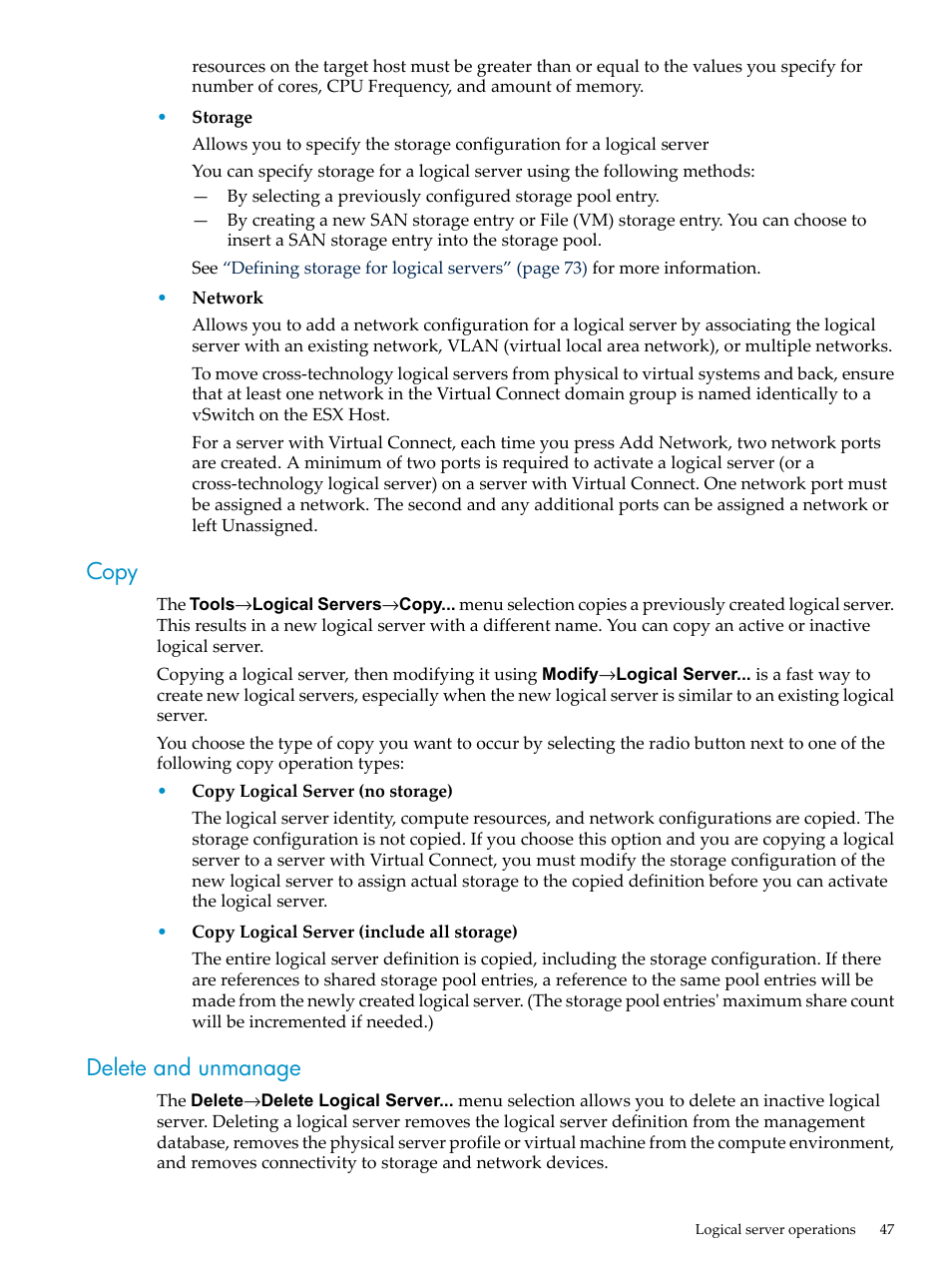 Copy, Delete and unmanage, Copy delete and unmanage | HP Matrix Operating Environment Software User Manual | Page 47 / 132