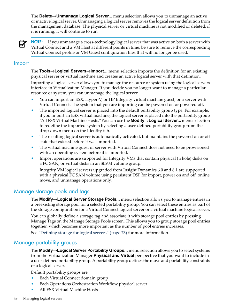 Import, Manage storage pools and tags, Manage portability groups | HP Matrix Operating Environment Software User Manual | Page 48 / 132