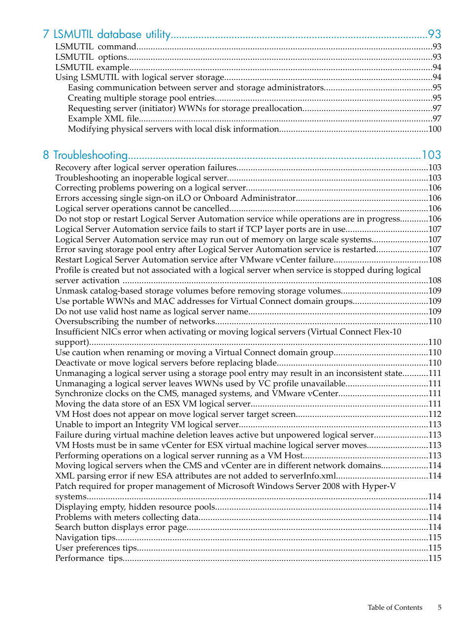 7 lsmutil database utility, 8 troubleshooting | HP Matrix Operating Environment Software User Manual | Page 5 / 132