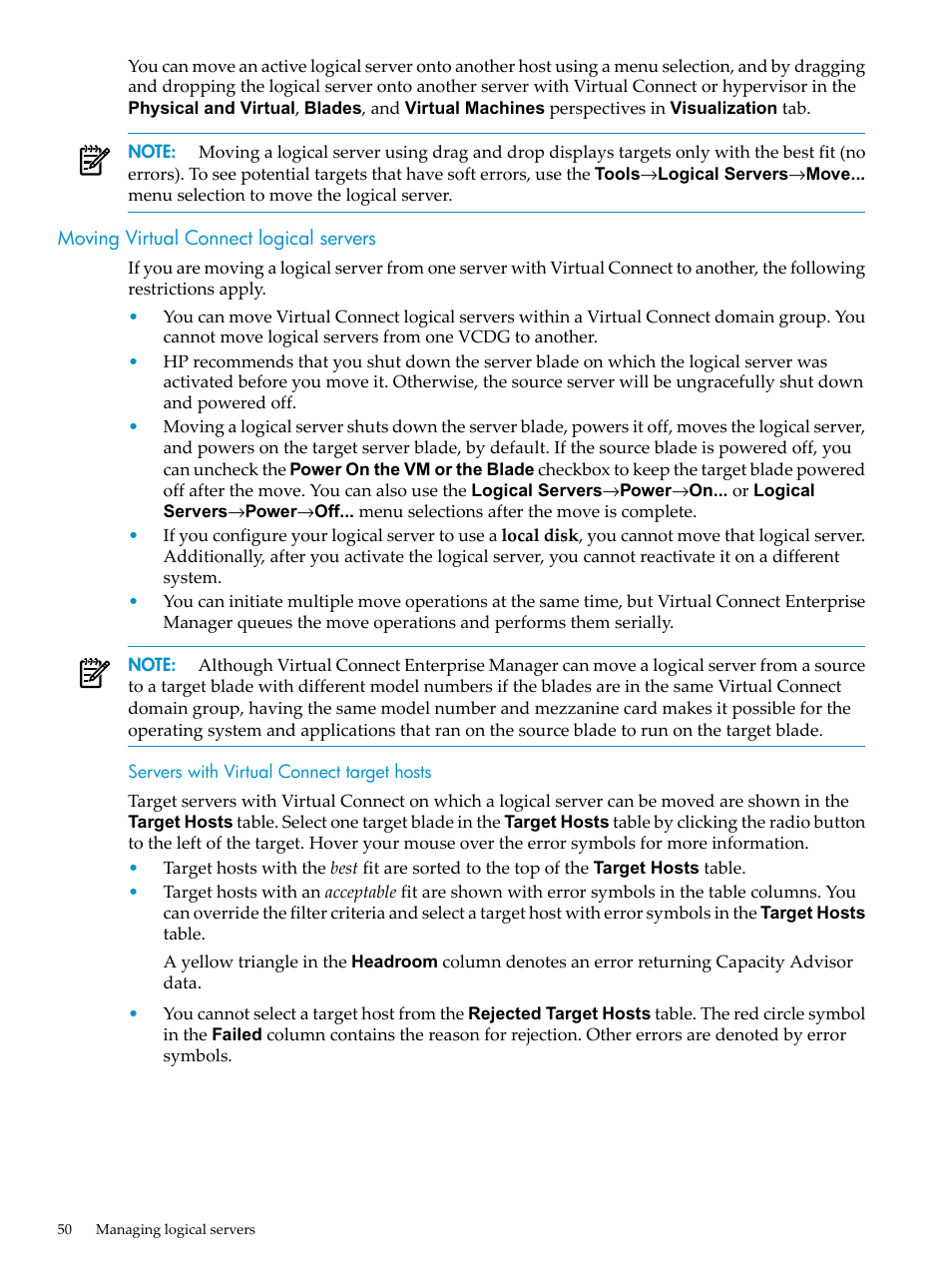 Moving virtual connect logical servers, Servers with virtual connect target hosts | HP Matrix Operating Environment Software User Manual | Page 50 / 132